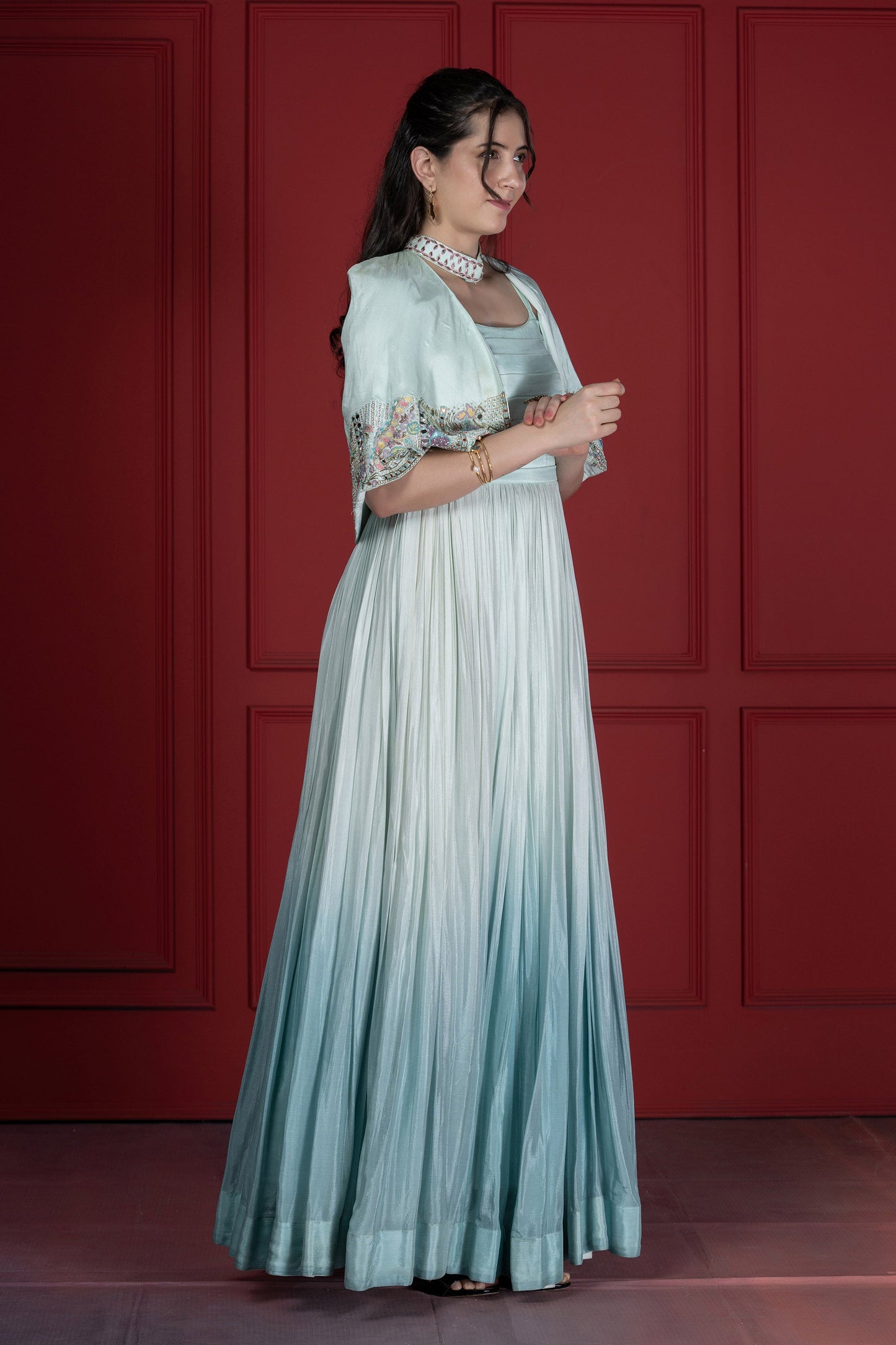 Ombré Cape Upada SIlk French knot Style Aqua blue Gown