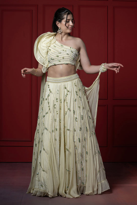 Light Green Upada Silk Heavy embroidered Lehenga with boning