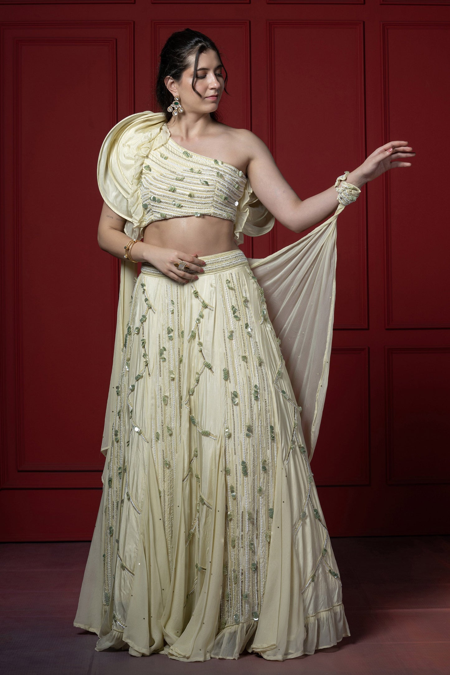 Light Green Upada Silk Heavy embroidered Lehenga with boning