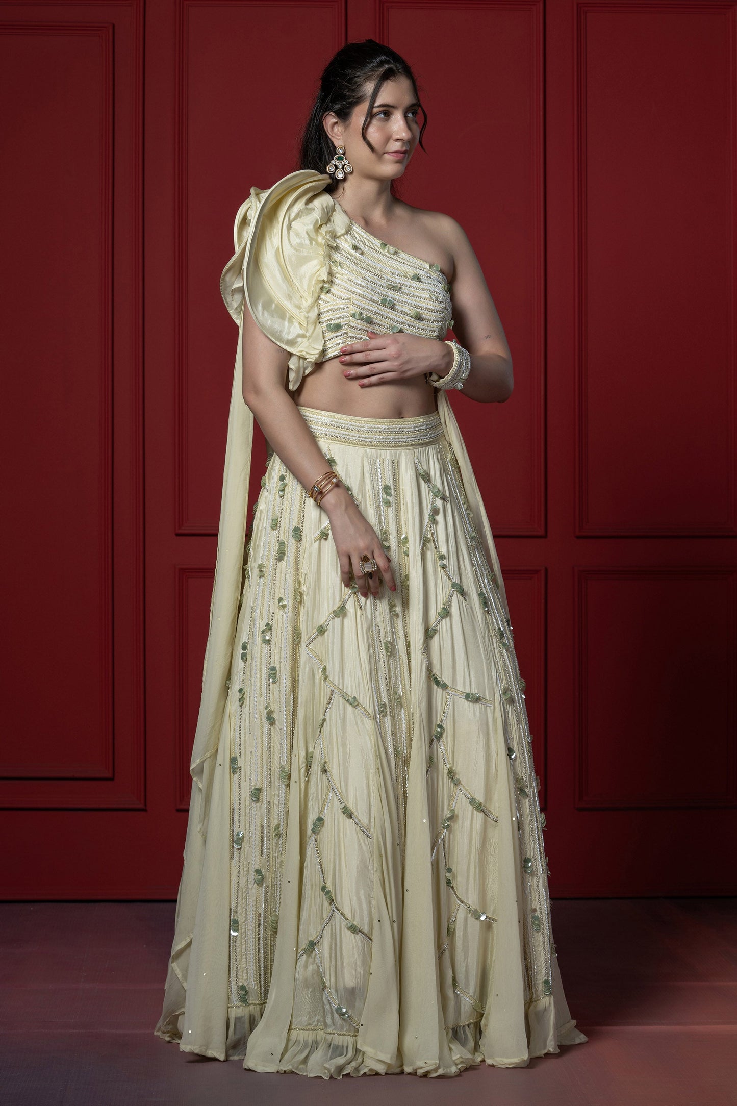 Light Green Upada Silk Heavy embroidered Lehenga with boning