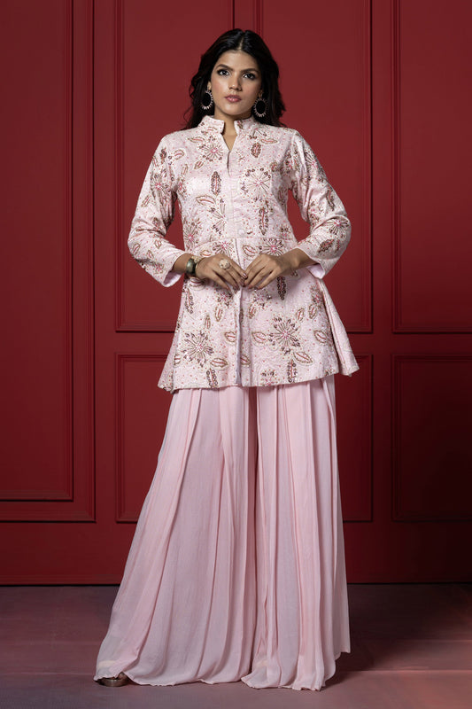 Pink Georgette Embroidered Peplum Set