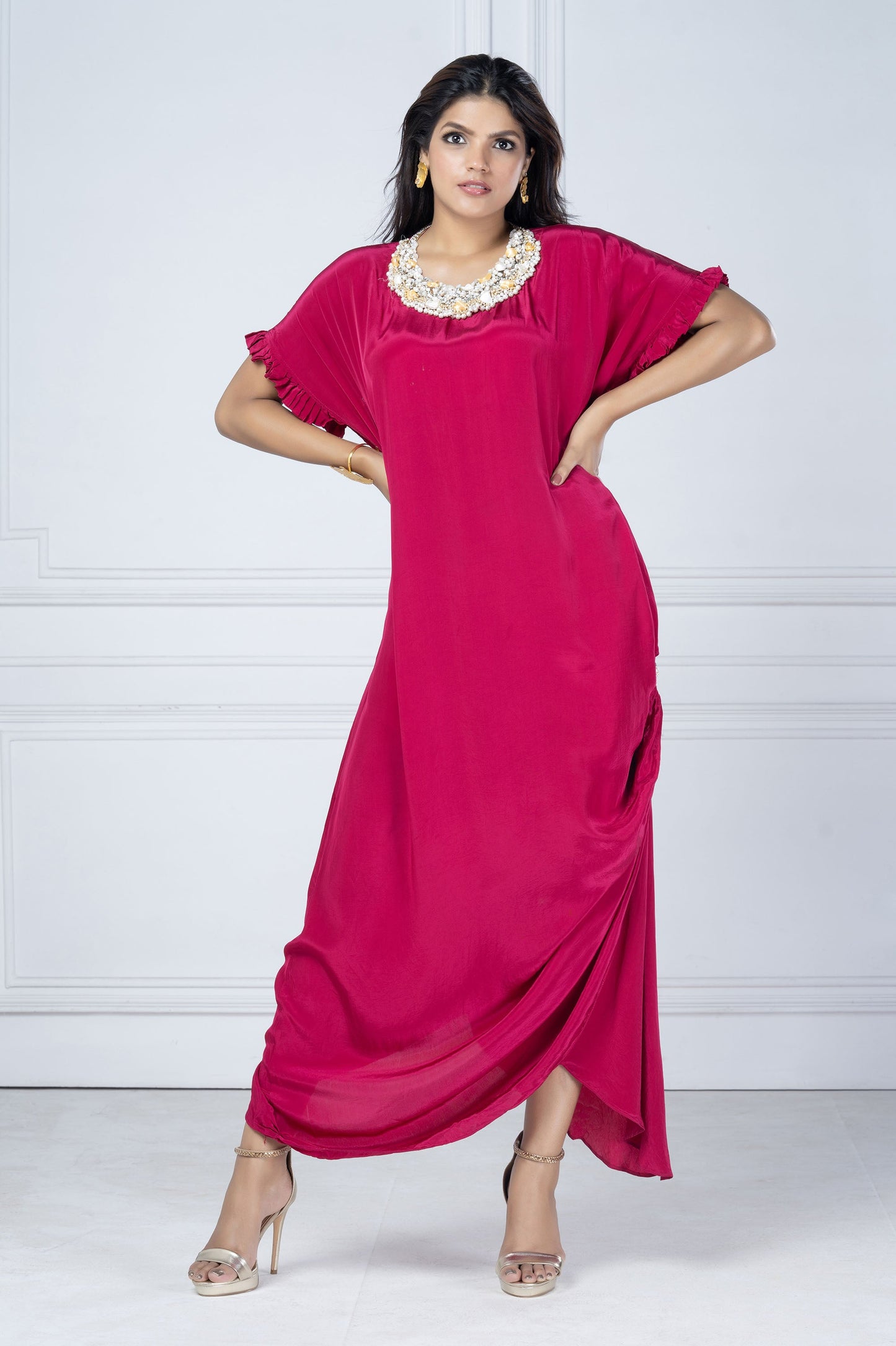 Dark Pink Crepe Crystal Necklace Tunic