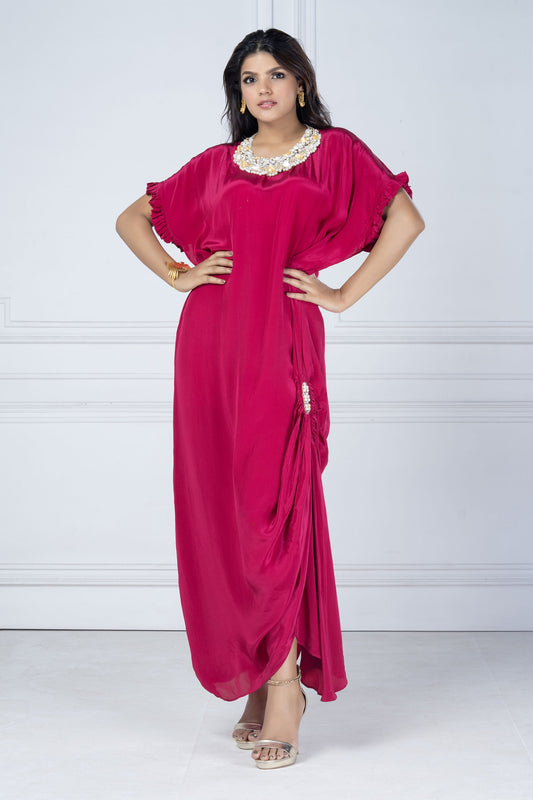 Dark Pink Crepe Crystal Necklace Tunic