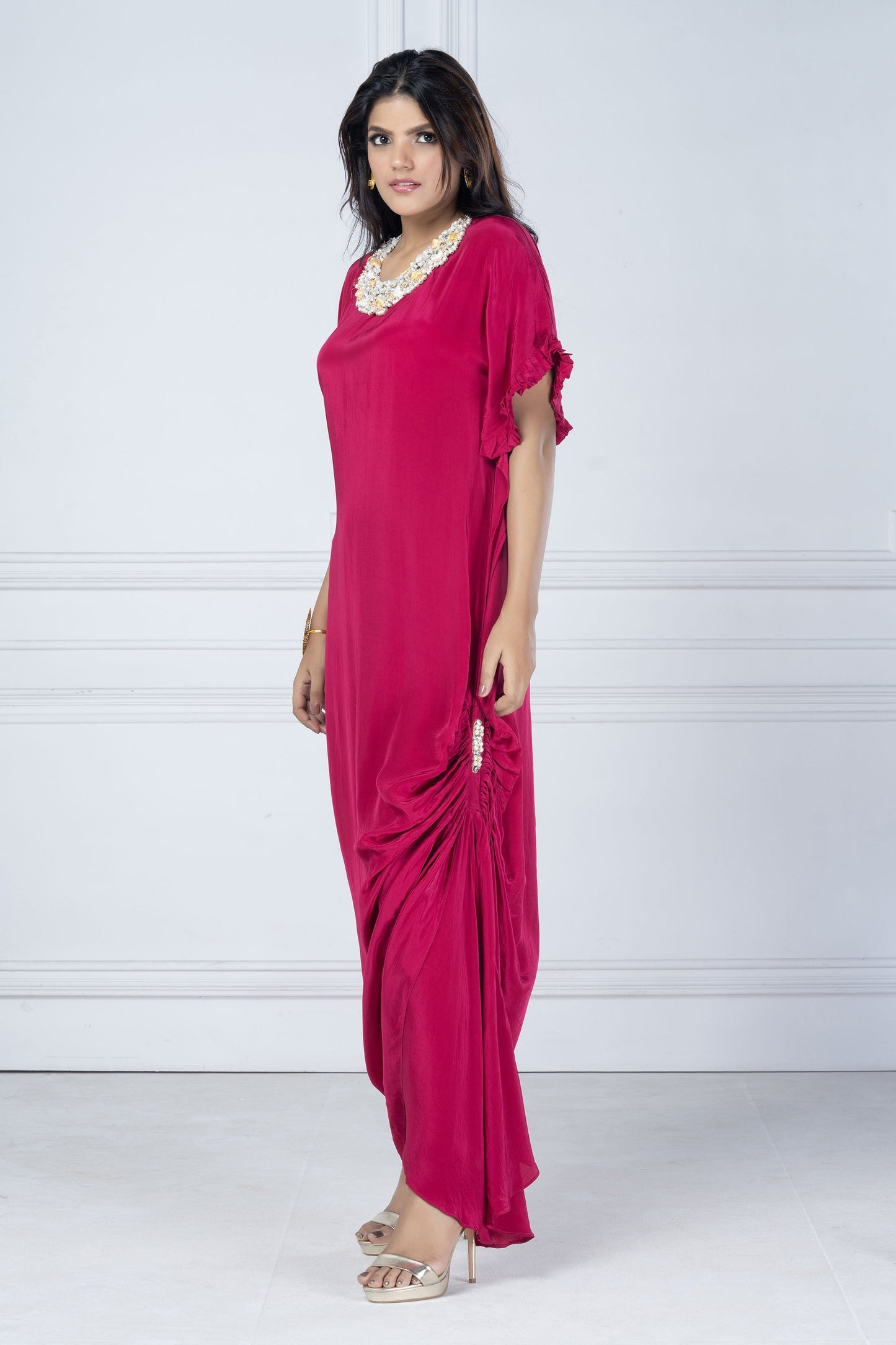 Dark Pink Crepe Crystal Necklace Tunic
