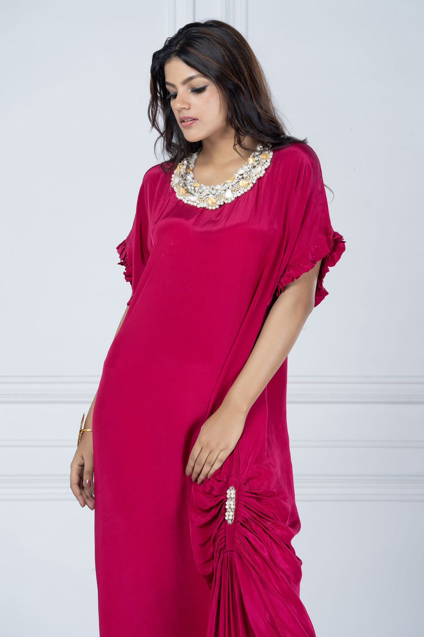 Dark Pink Crepe Crystal Necklace Tunic
