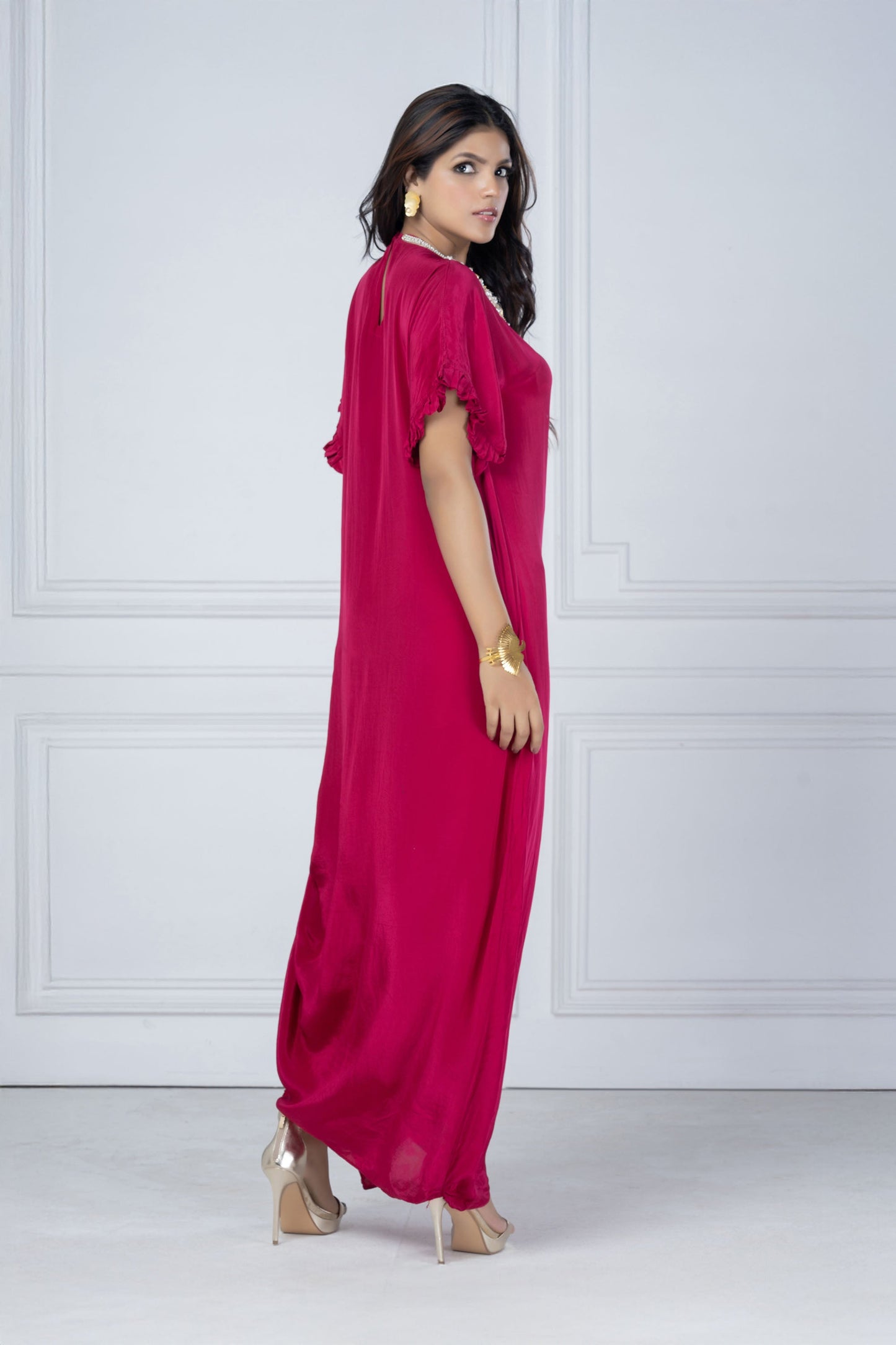 Dark Pink Crepe Crystal Necklace Tunic