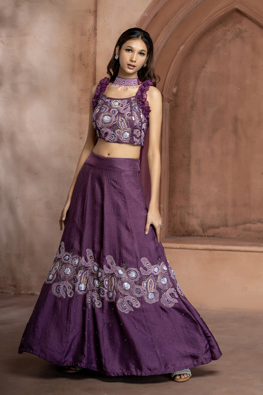 Purple Organza patch work Embroidered Lehenga Set