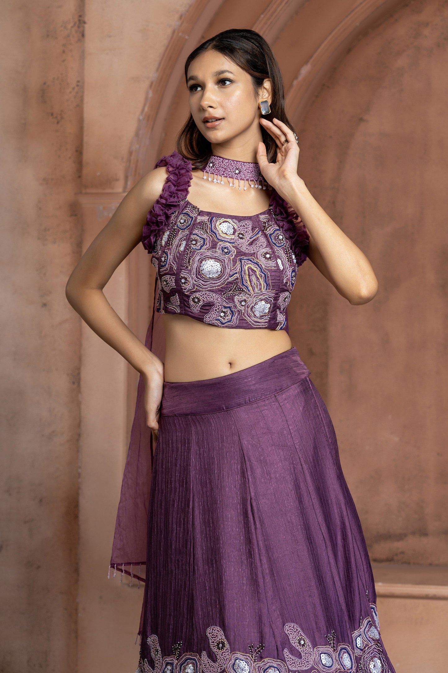 Purple Organza patch work Embroidered Lehenga Set