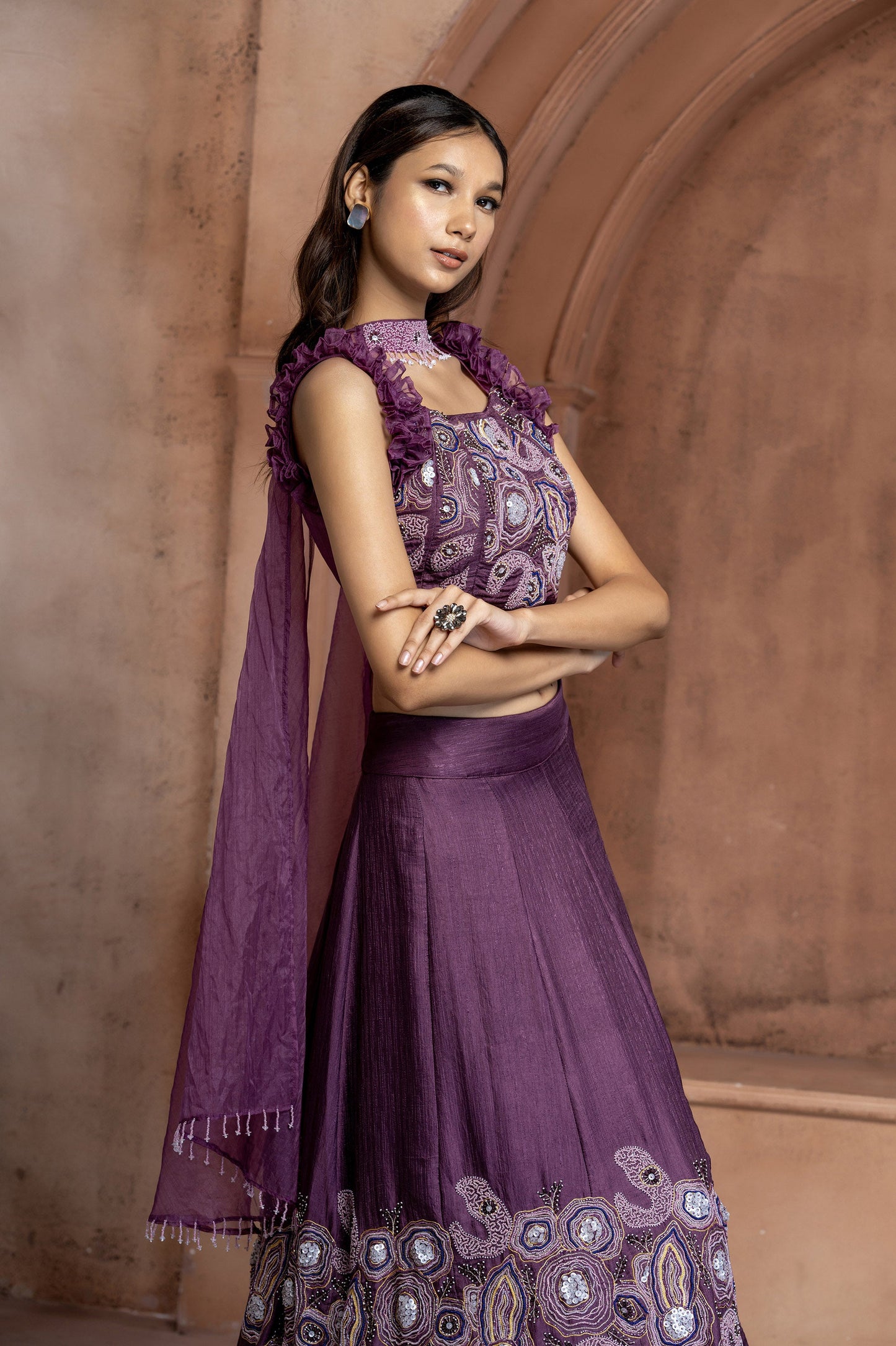 Purple Organza patch work Embroidered Lehenga Set