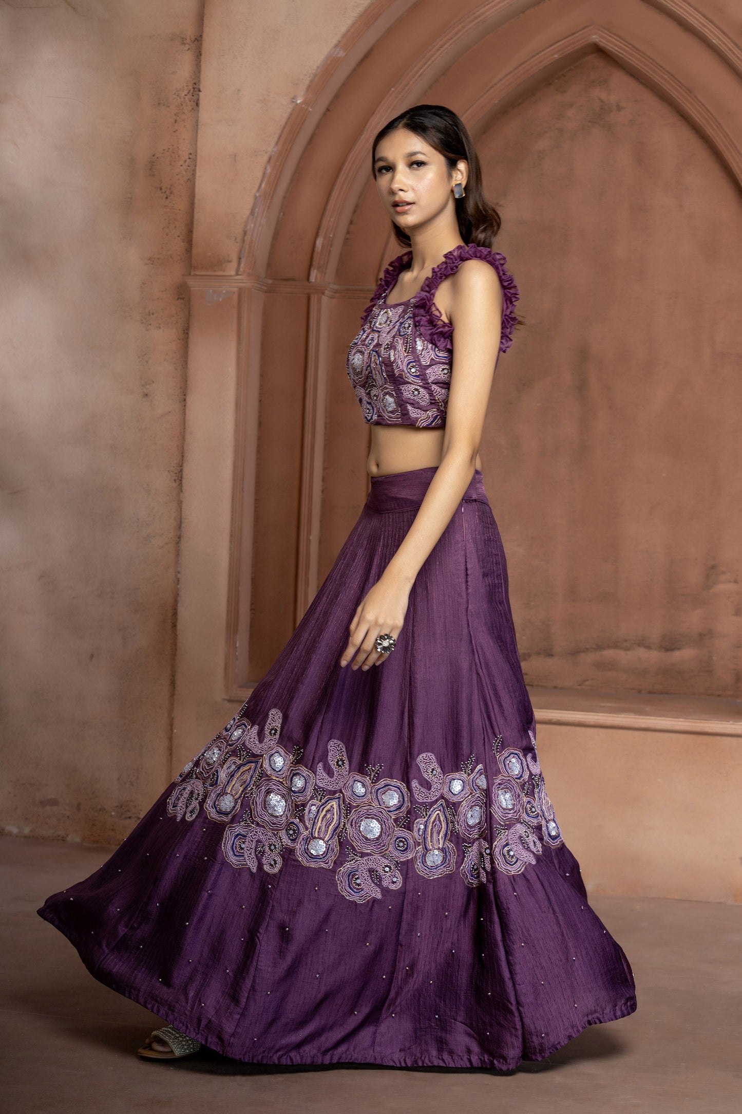 Purple Organza patch work Embroidered Lehenga Set