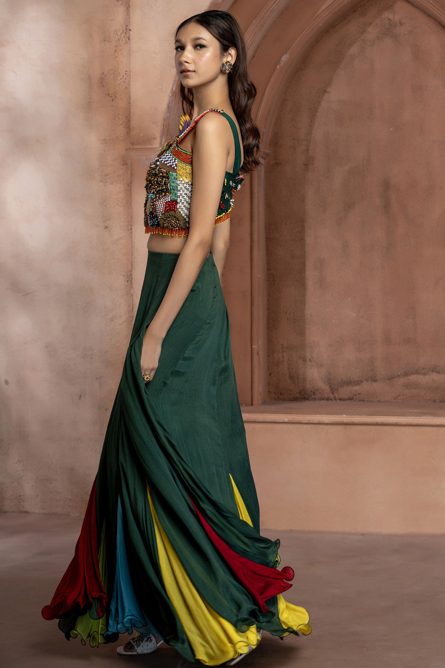 Green Chinnon Embellished Lehenga Set