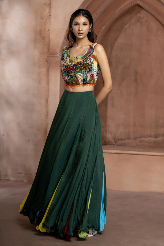 Green Chinnon Embellished Lehenga Set