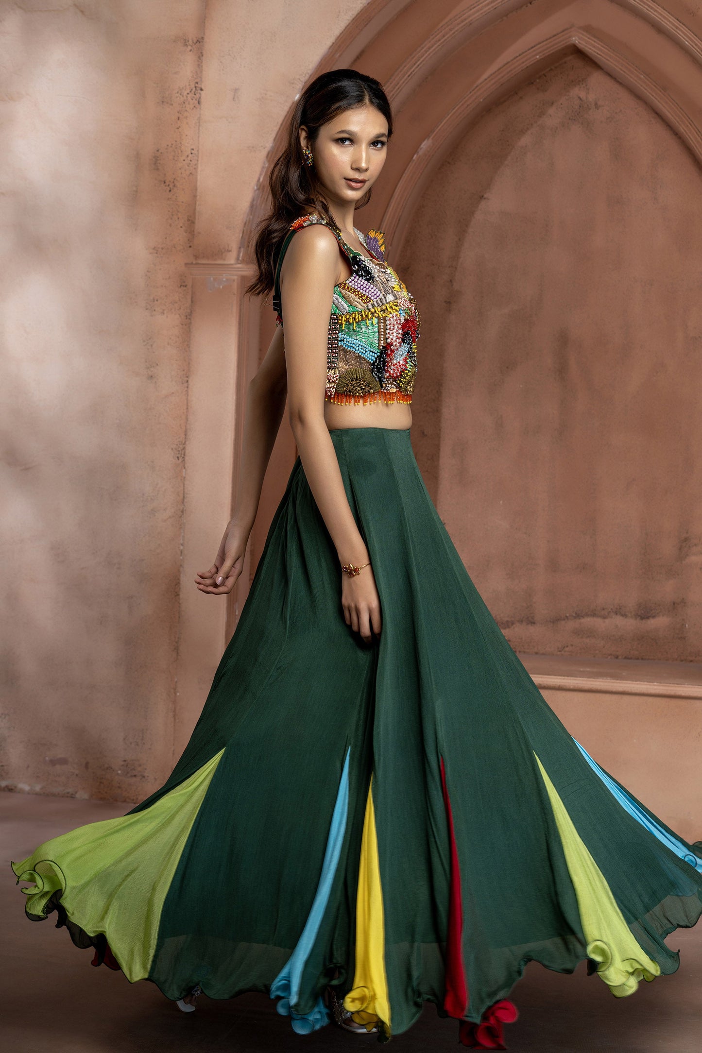 Green Chinnon Embellished Lehenga Set