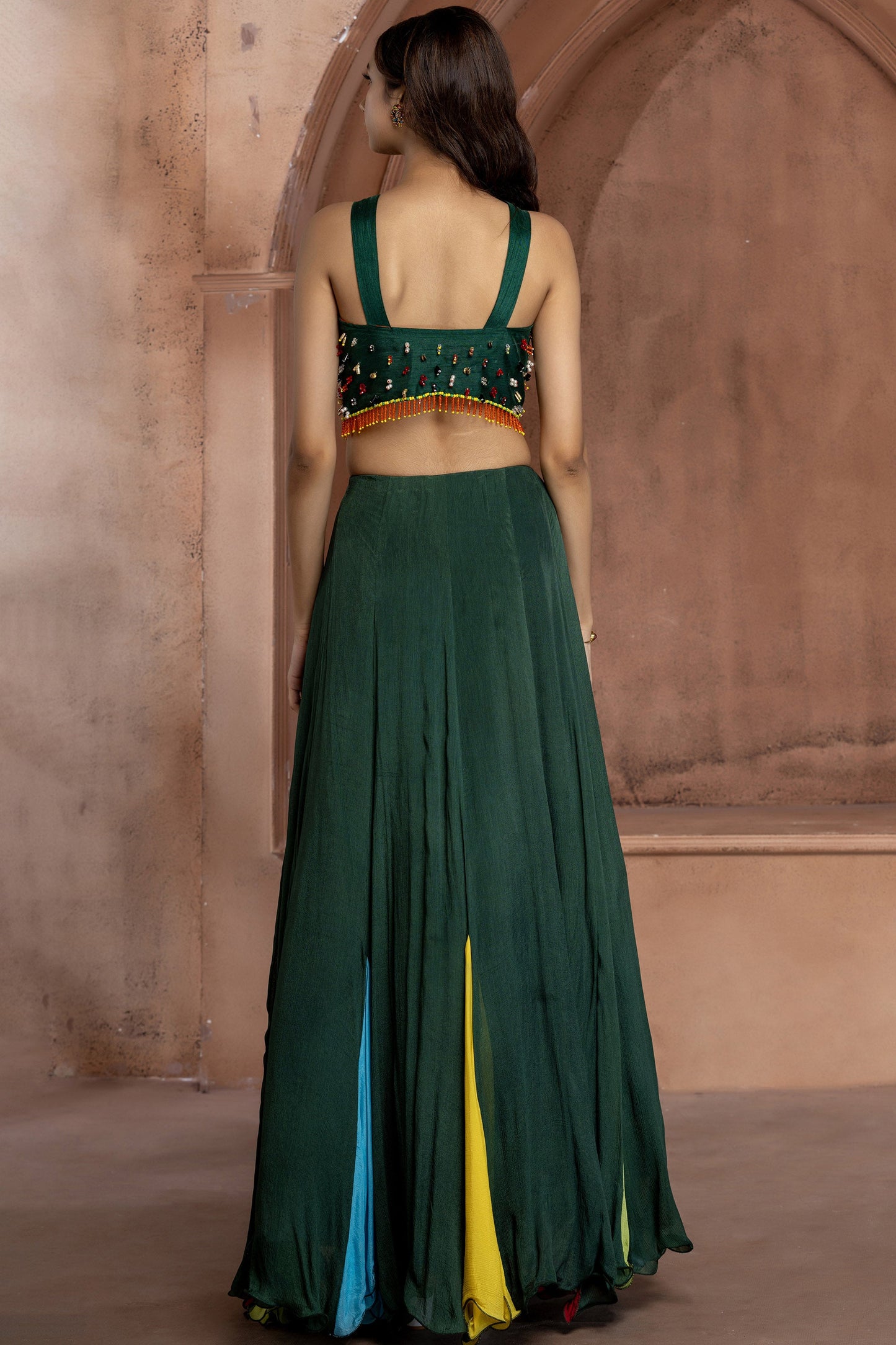 Green Chinnon Embellished Lehenga Set