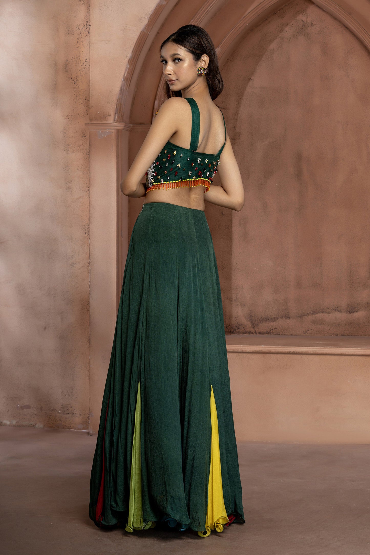 Green Chinnon Embellished Lehenga Set