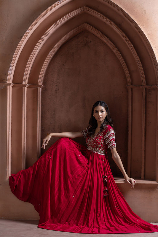 Reddish Pink Crepe Long Embellished Gown