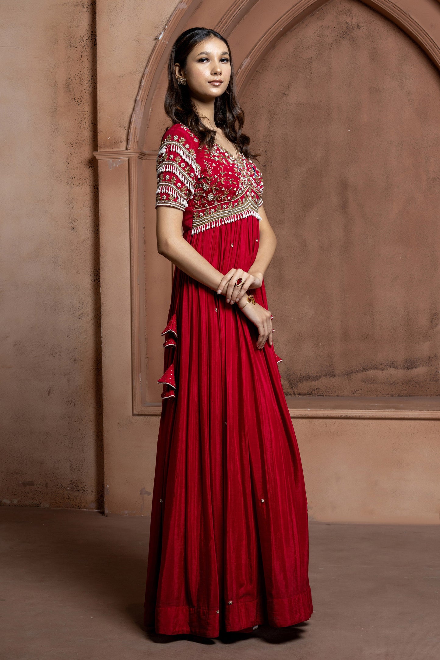 Reddish Pink Crepe Long Embellished Gown