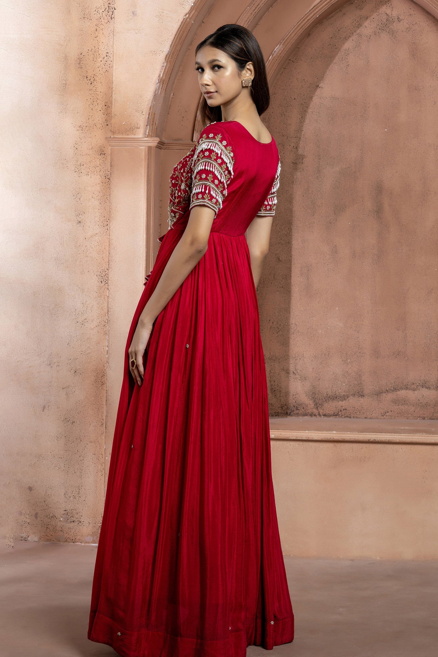 Reddish Pink Crepe Long Embellished Gown