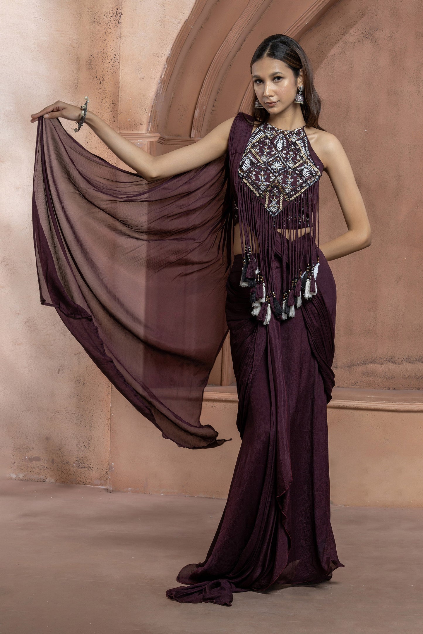 Maroon Chinnon Geometric mirror work Fringe Saree
