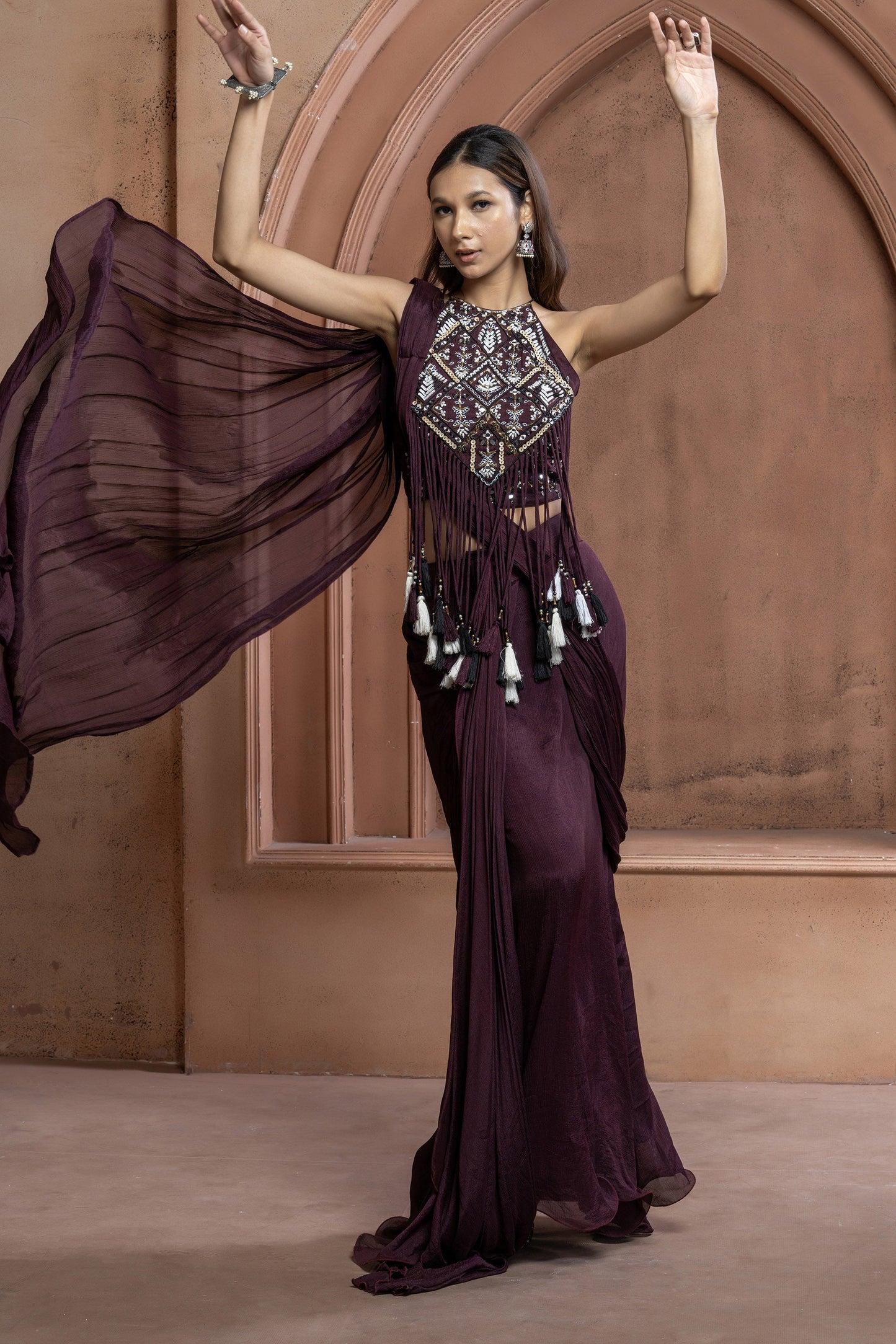 Maroon Chinnon Geometric mirror work Fringe Saree