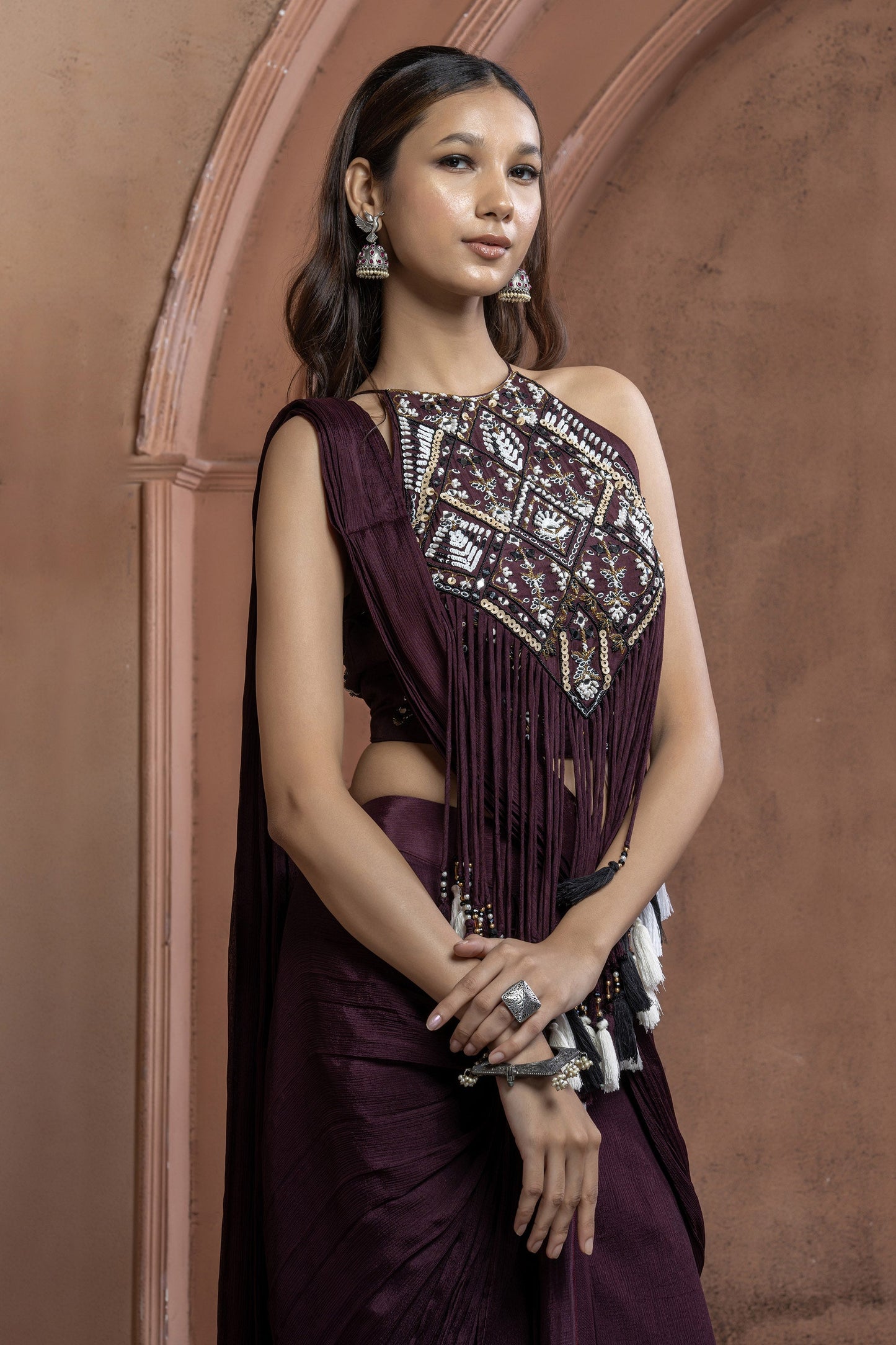 Maroon Chinnon Geometric mirror work Fringe Saree