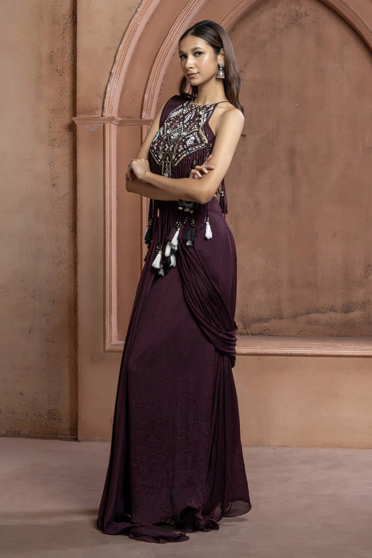 Maroon Chinnon Geometric mirror work Fringe Saree