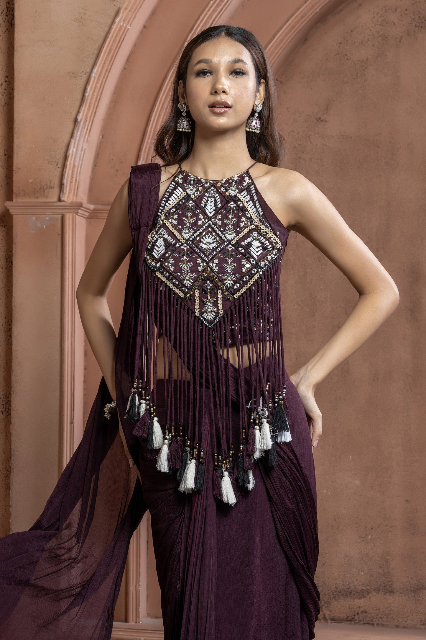 Maroon Chinnon Geometric mirror work Fringe Saree