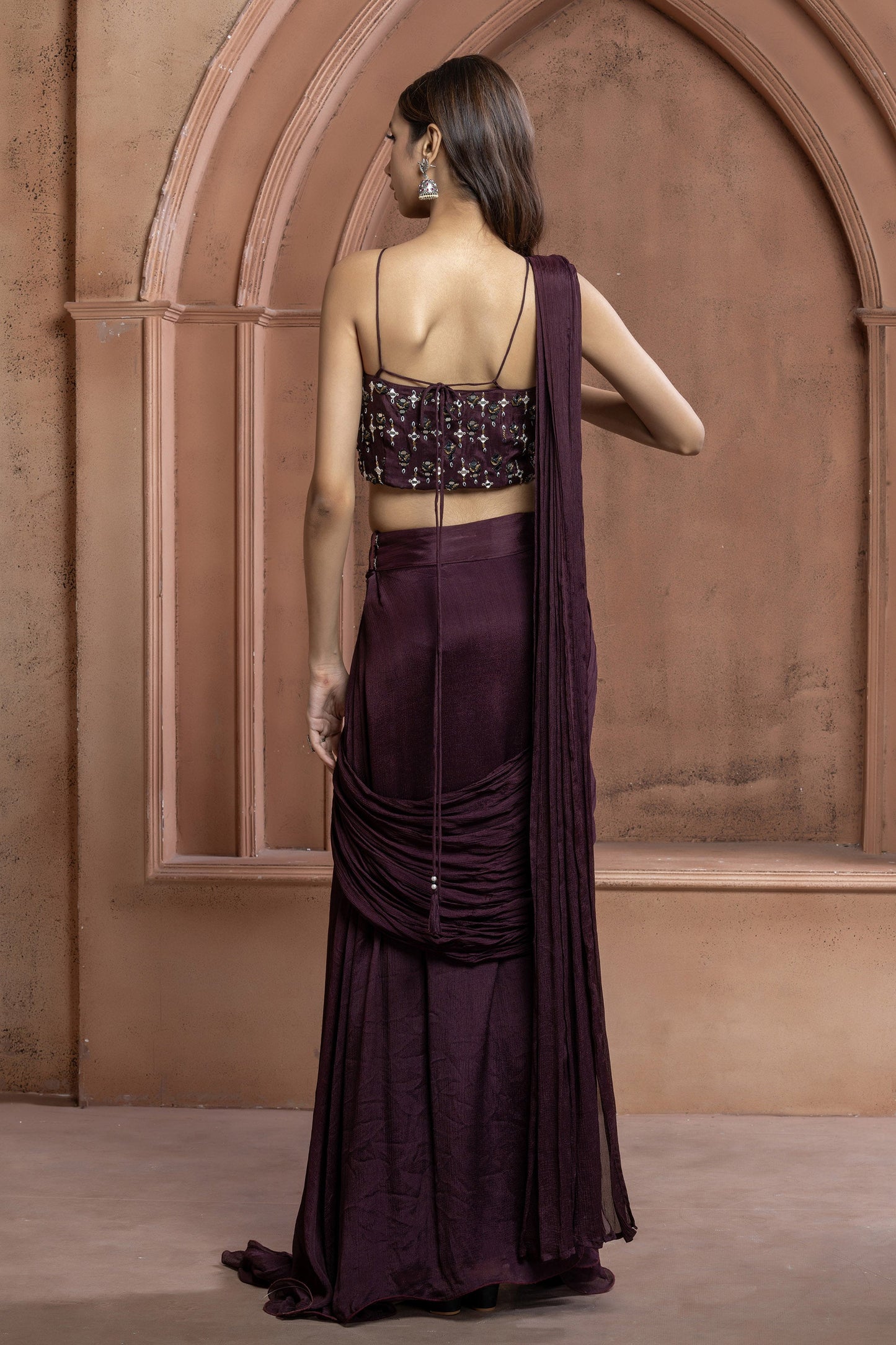 Maroon Chinnon Geometric mirror work Fringe Saree