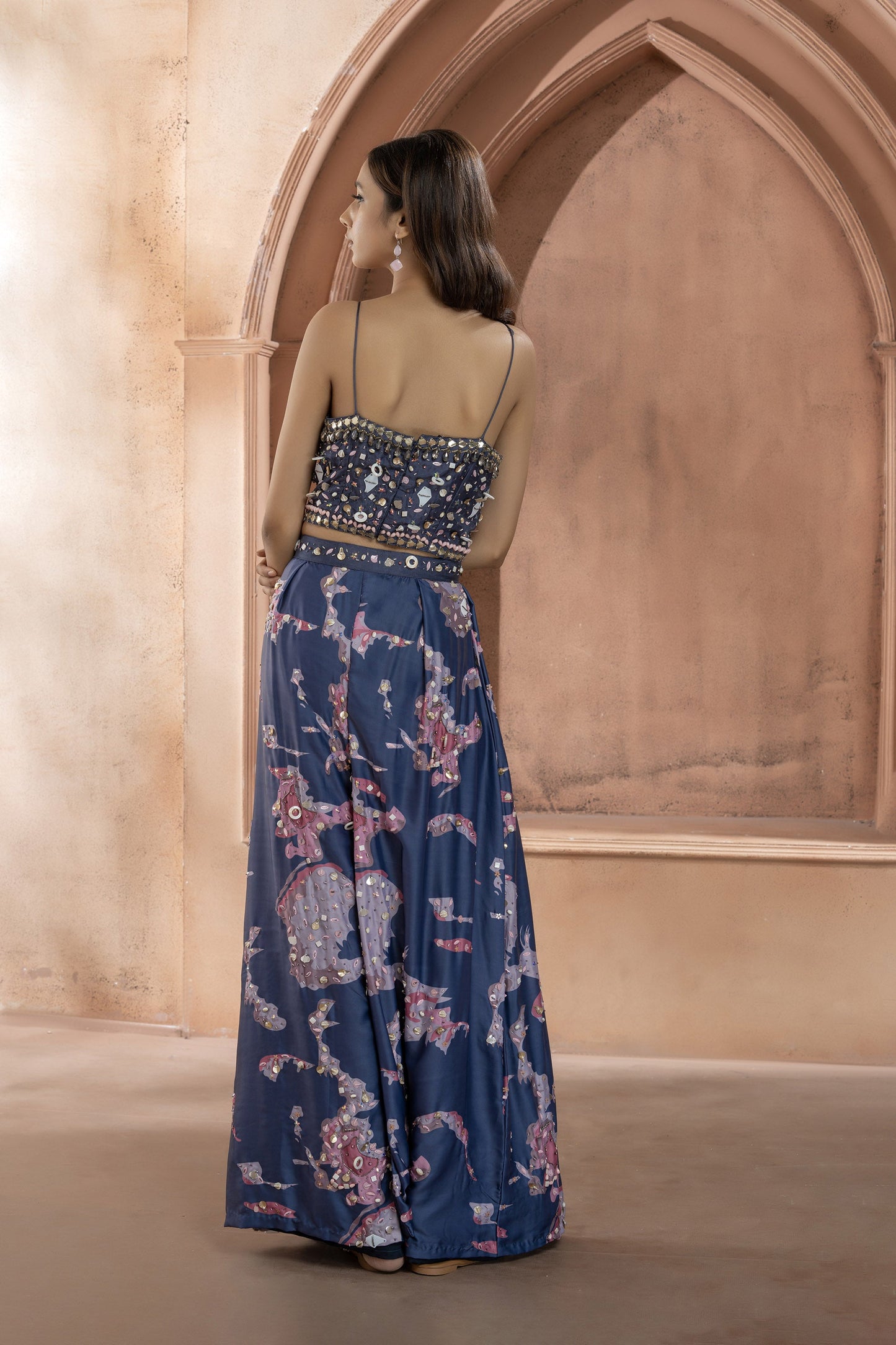 Blue Crepe Printed Embellished Jumpsuit