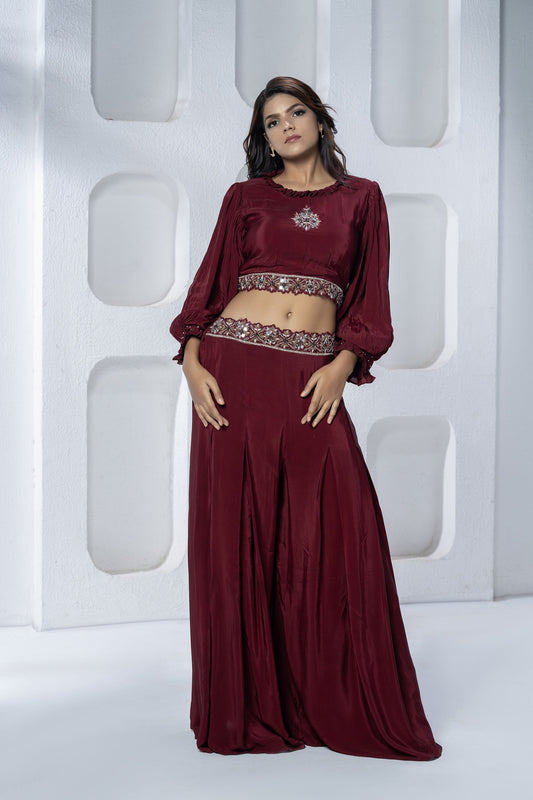 Maroon Pleated Croptop and Palazzo Pant Set