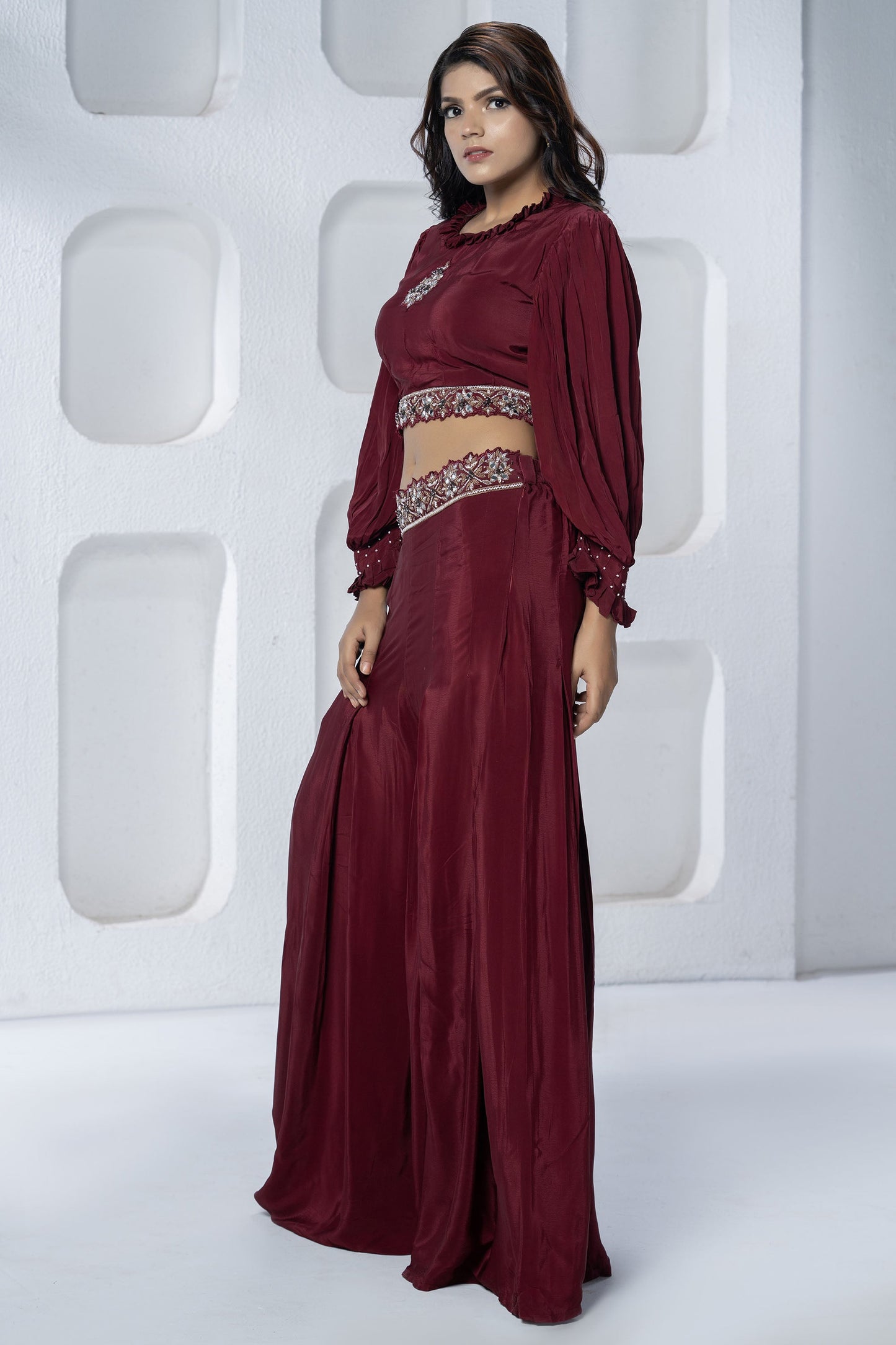 Maroon Pleated Croptop and Palazzo Pant Set