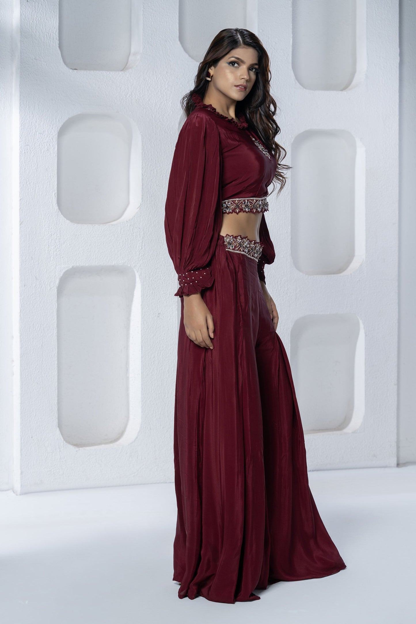 Maroon Pleated Croptop and Palazzo Pant Set