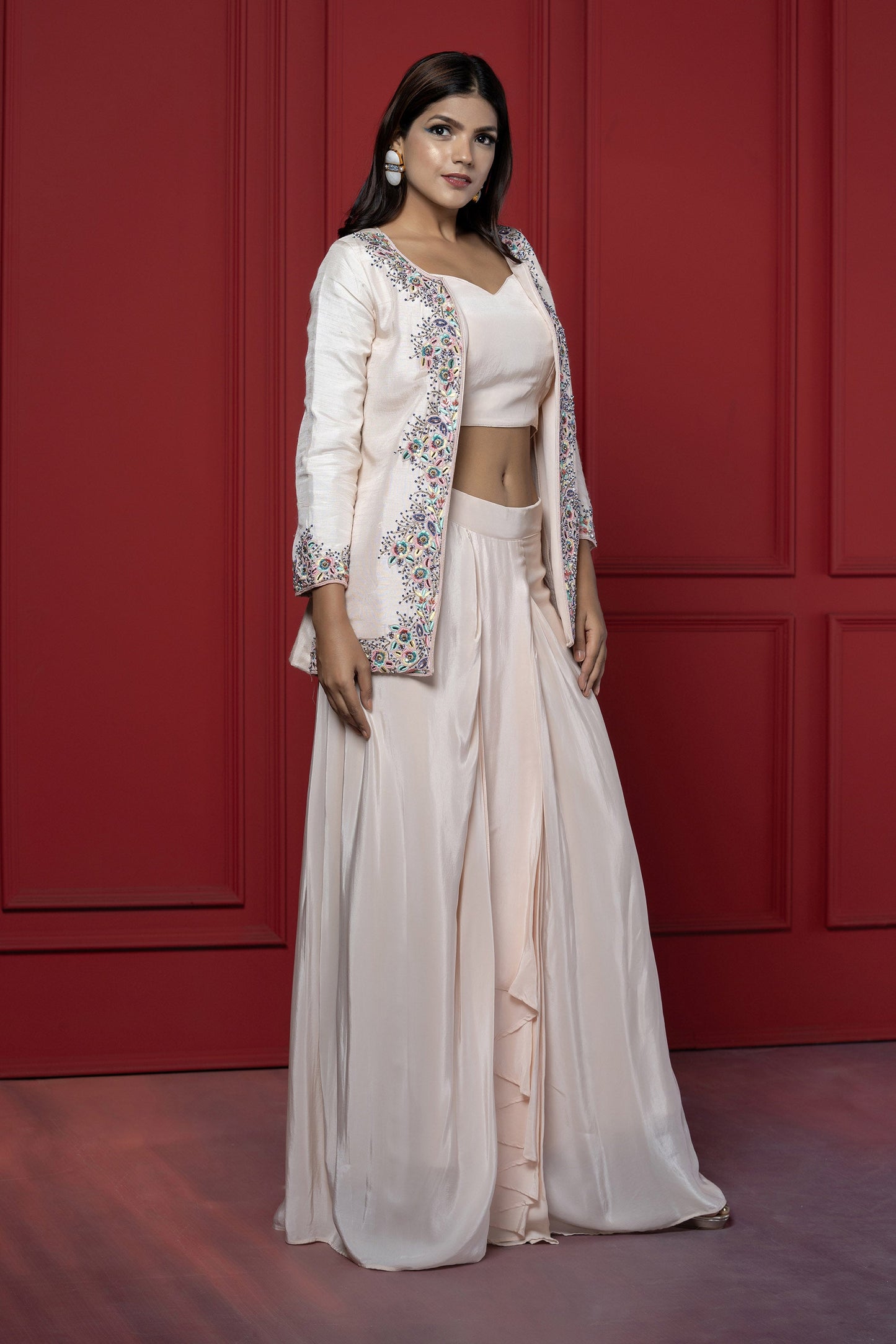 Pink Dola Silk Dhoti-Blazer Set