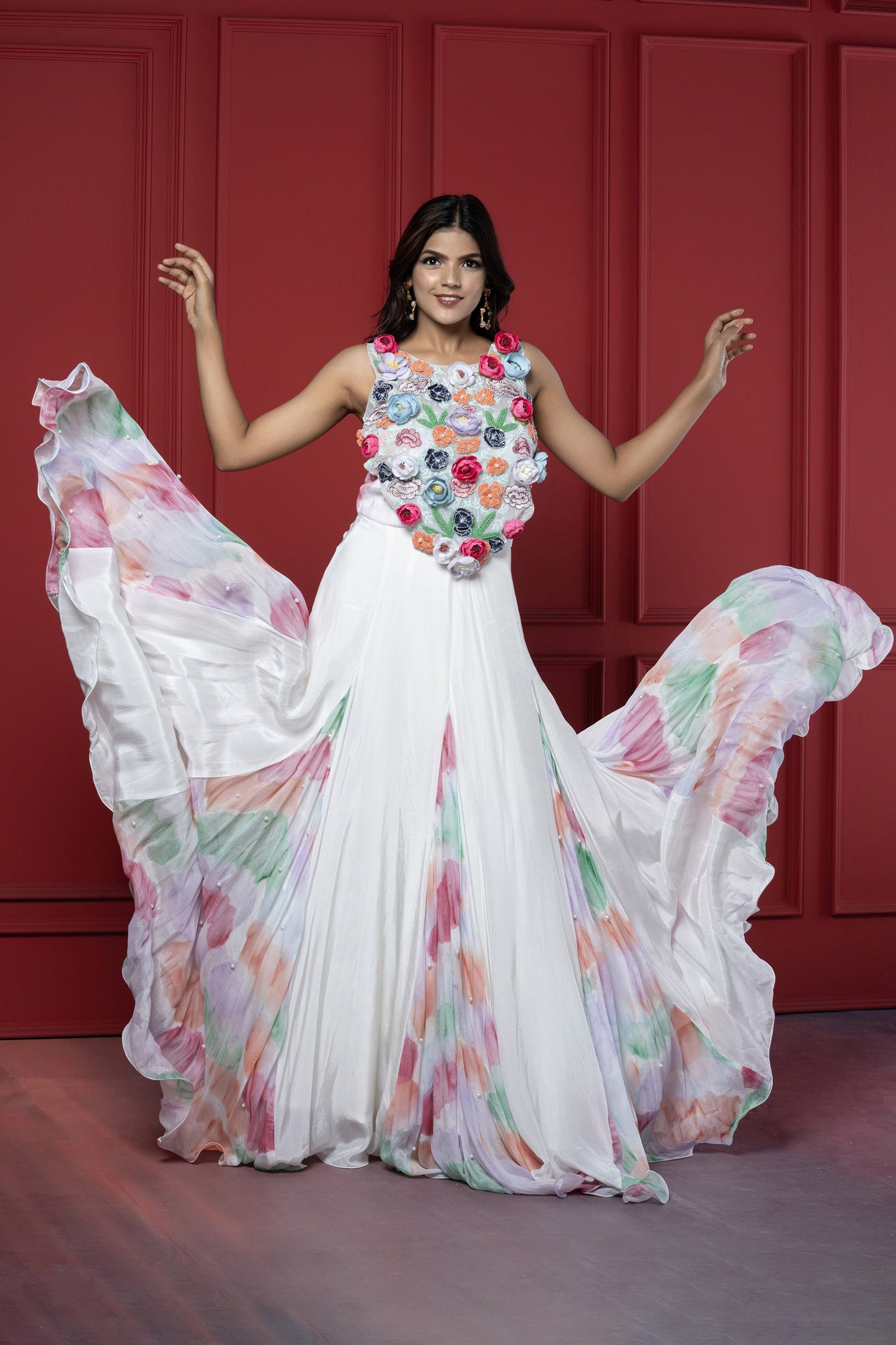 White Chinnon 3D Floral Embellished Gown
