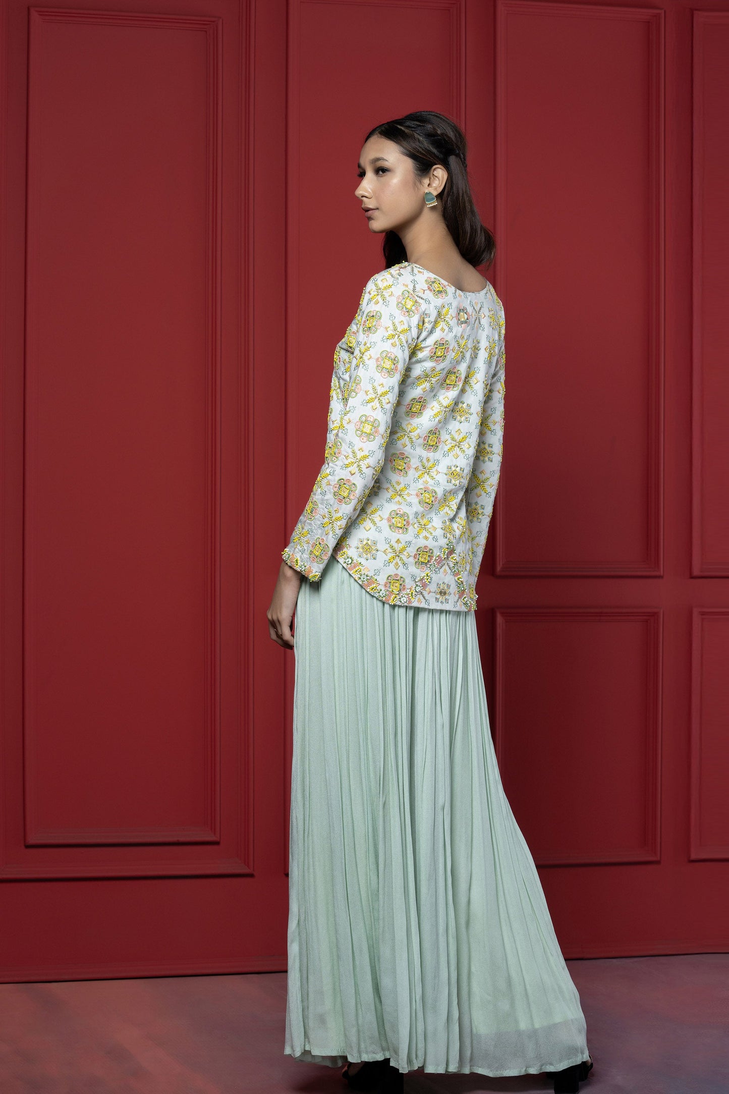 Sea Green Embroidered Georgette Peplum Set