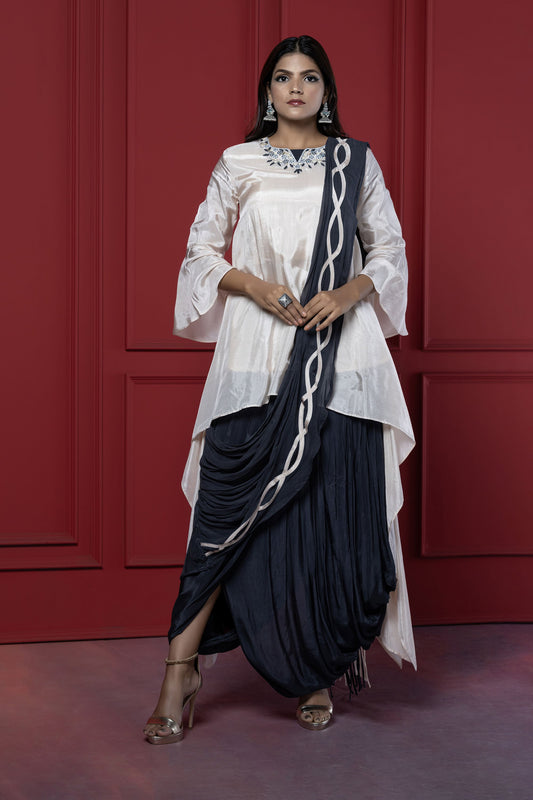 Ivory Asymmetric Drape Style  Kurta set