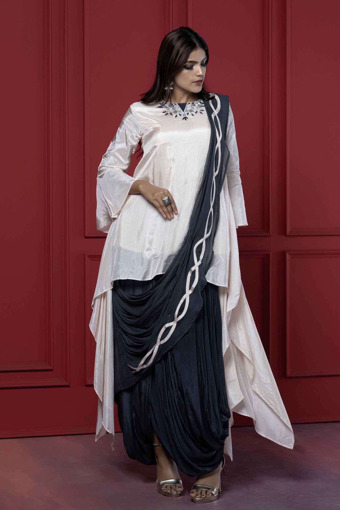 Ivory Asymmetric Drape Style  Kurta set