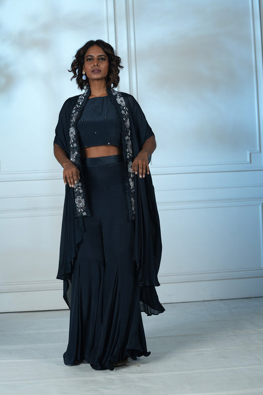 Navy Blue Chinnon Palazzo Cape Set