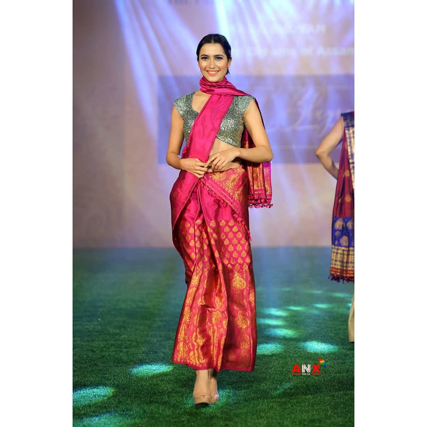 Hot Pink Assam Silk Mekhela Chador with Gold Zari Buta Work