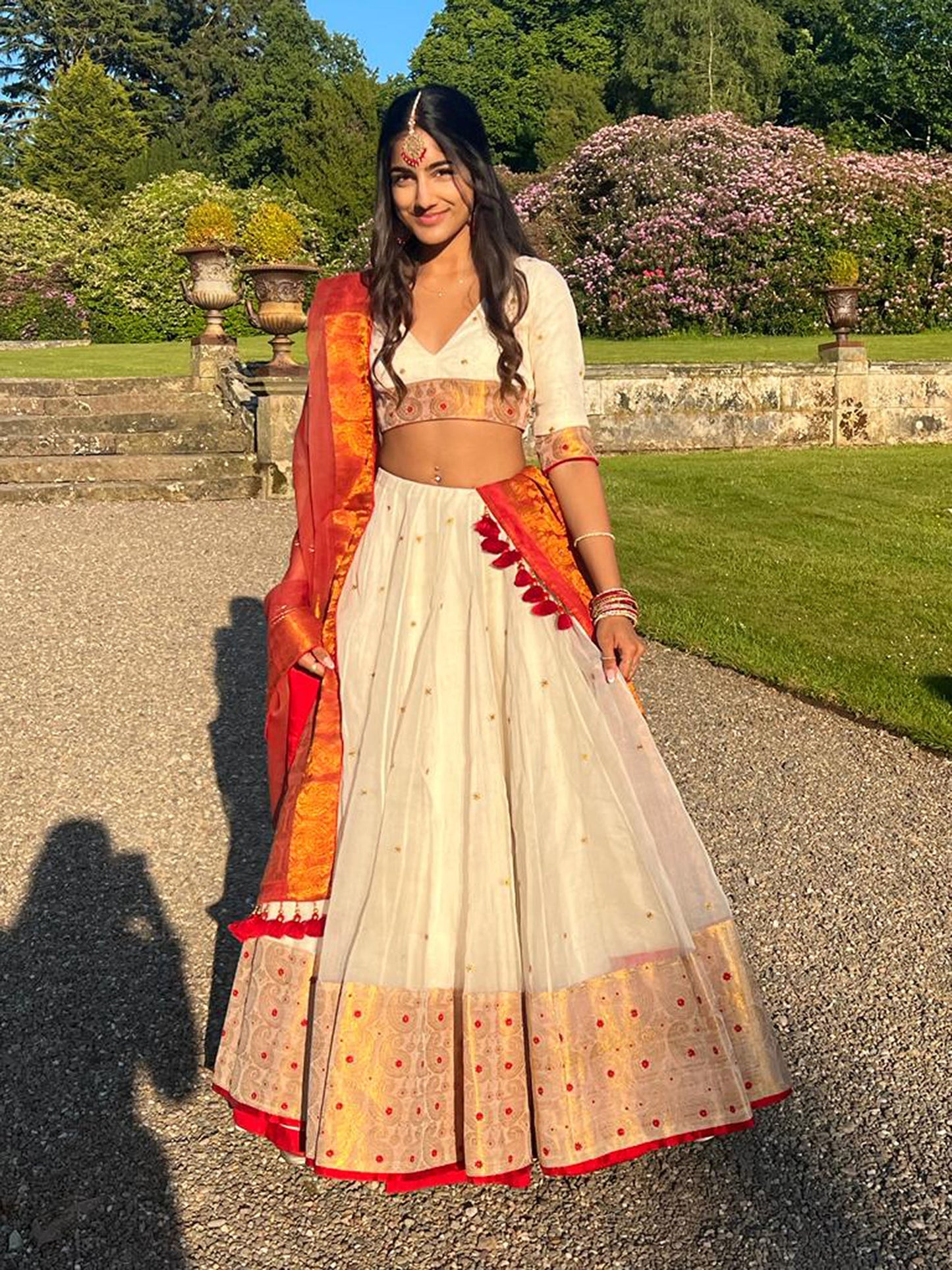 Red and White Zari Butta Assam Hand Woven Bridesmaid Lehenga