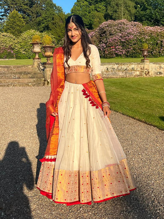 Red and White Zari Butta  Assam Hand Woven Bridesmaid Lehenga