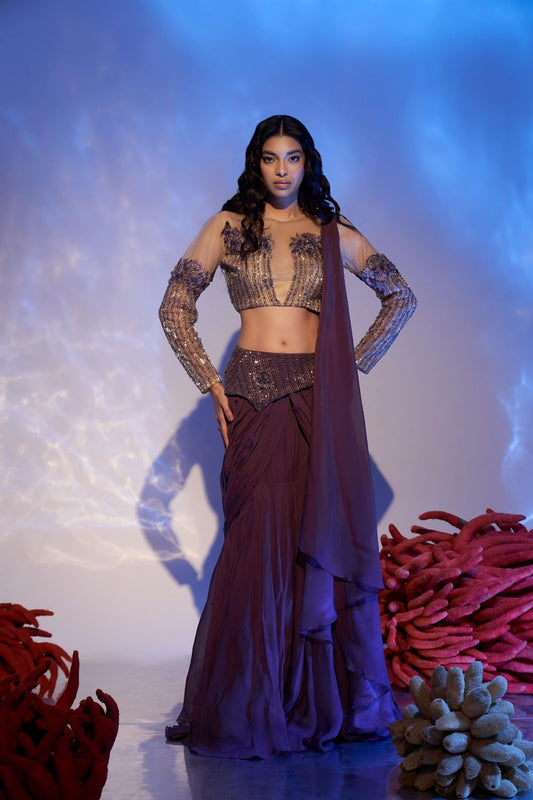 Mauve Floral Sequins Saree