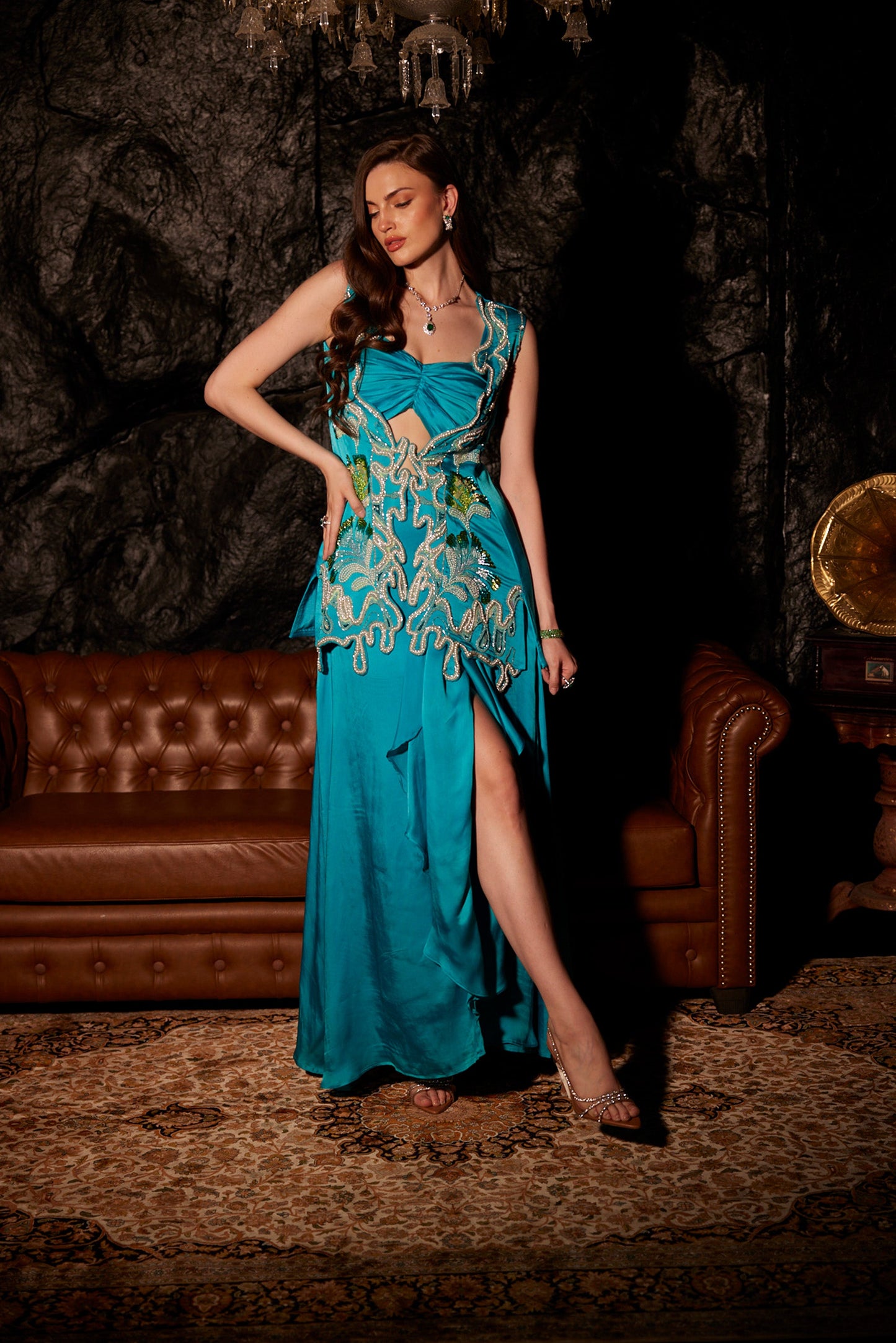Aqua Breeze Front Floraison Slit Dress