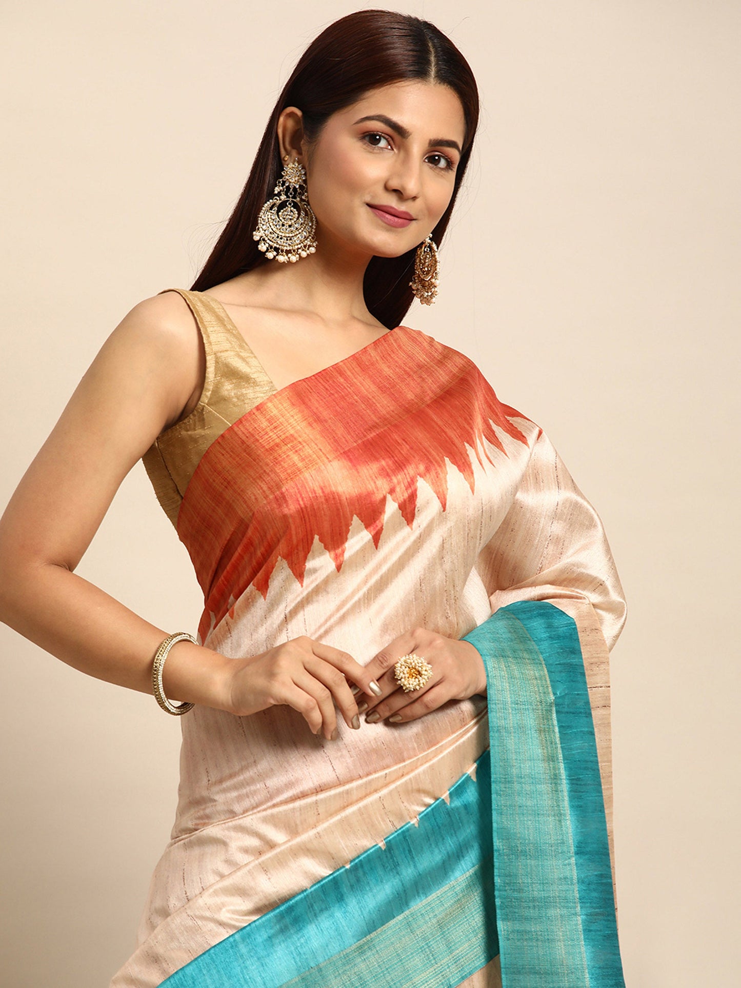 Firozi Tussar Silk saree with Temple Border