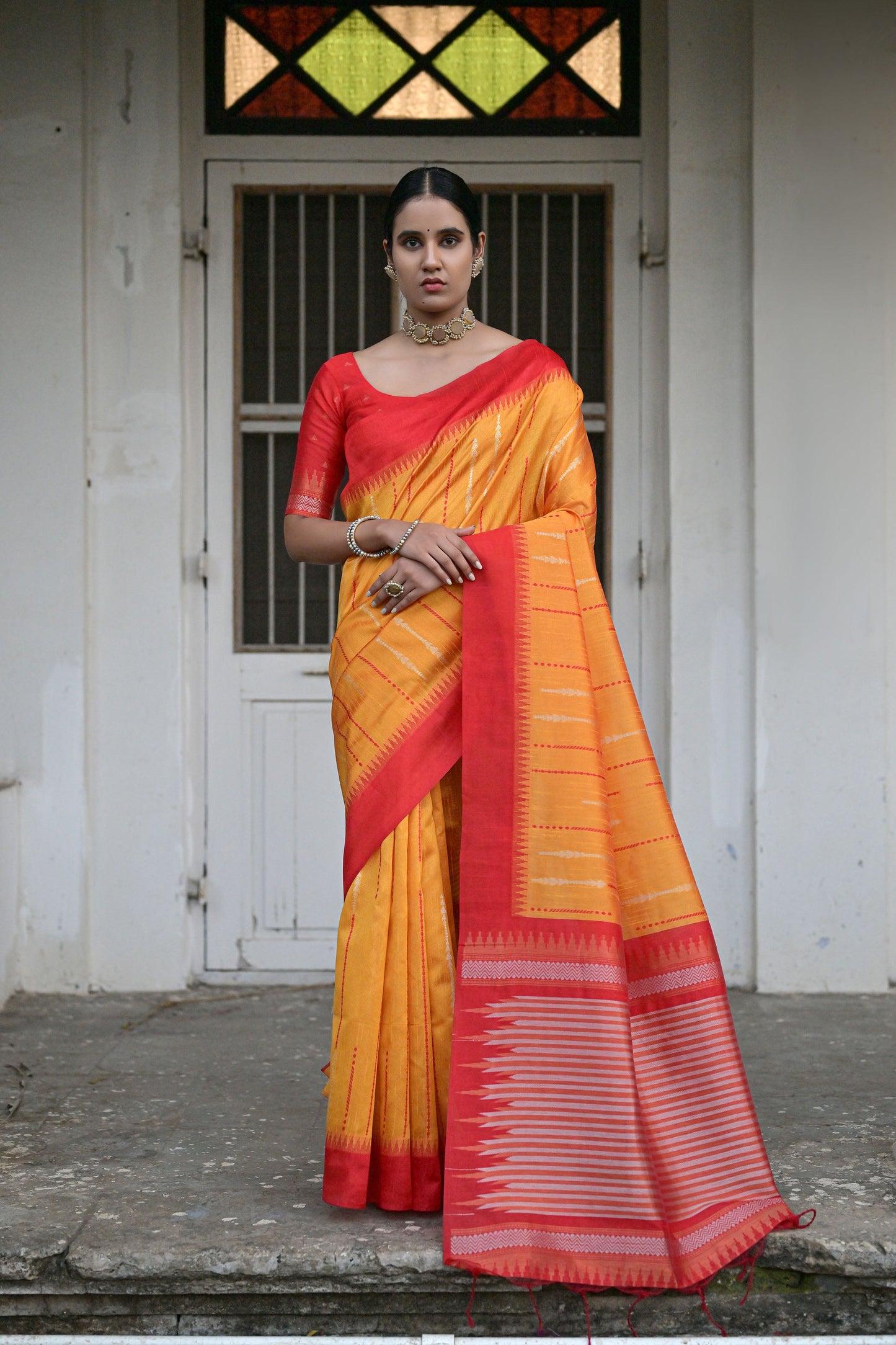 Salar Ikkat Yellow Raw Silk Zari woven Saree