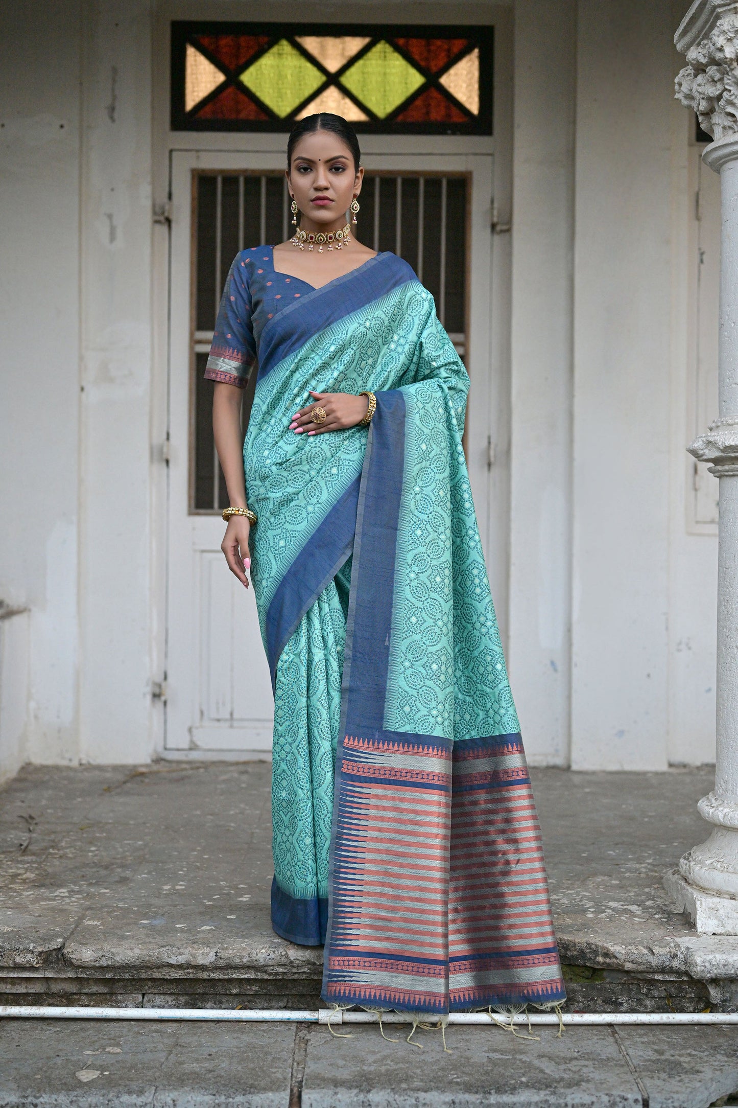 Salar Ikkat Sea Green Raw Silk Zari woven Bandhani Saree