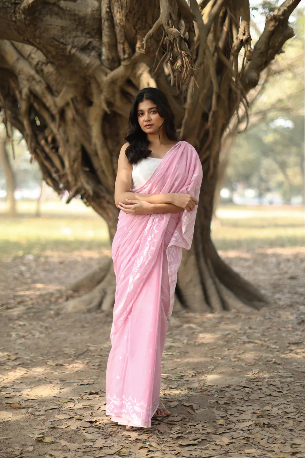 Handloom Baby Pink Pure Cotton Jamdani Saree with White Woven Border