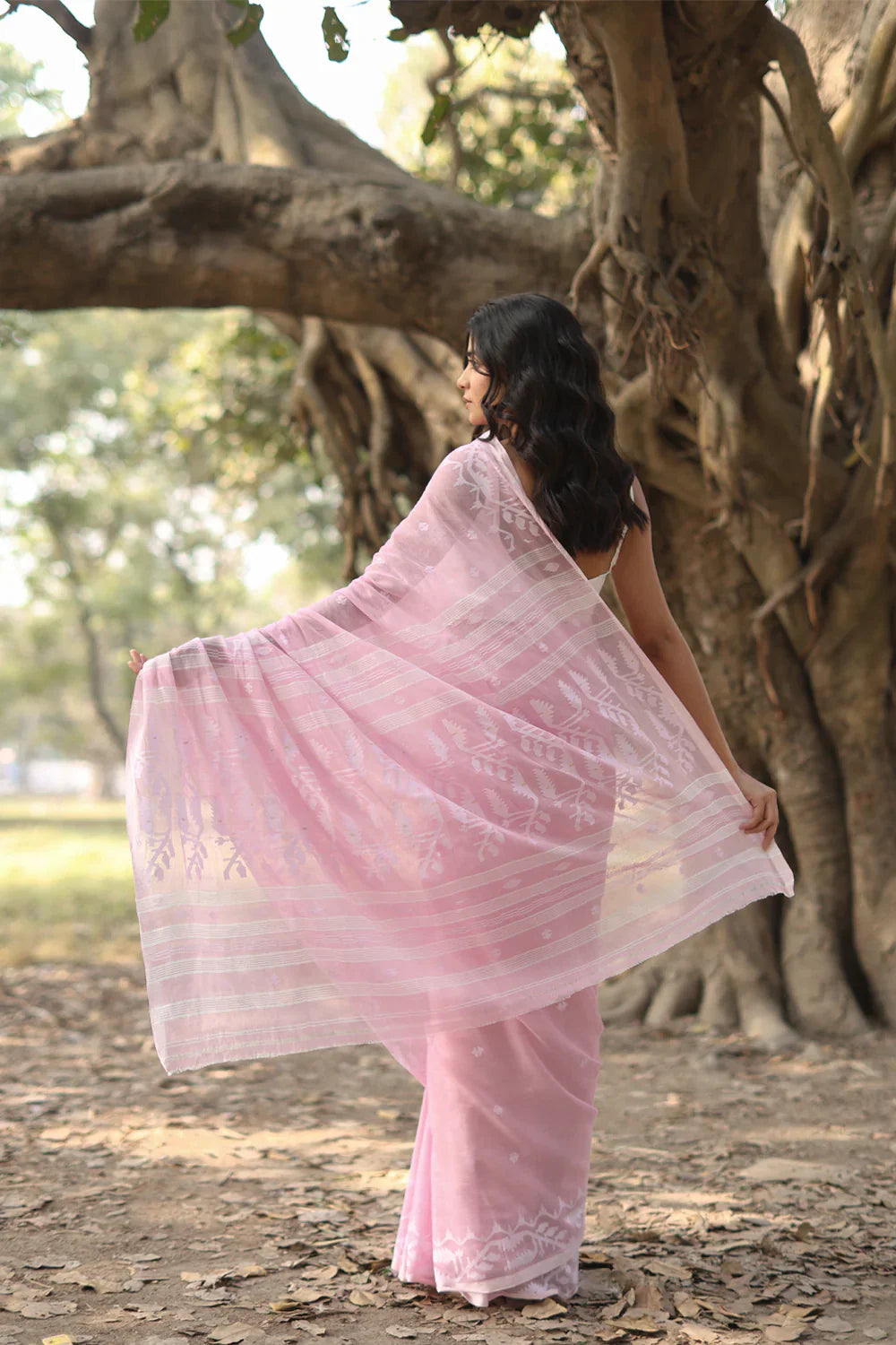 Handloom Baby Pink Pure Cotton Jamdani Saree with White Woven Border