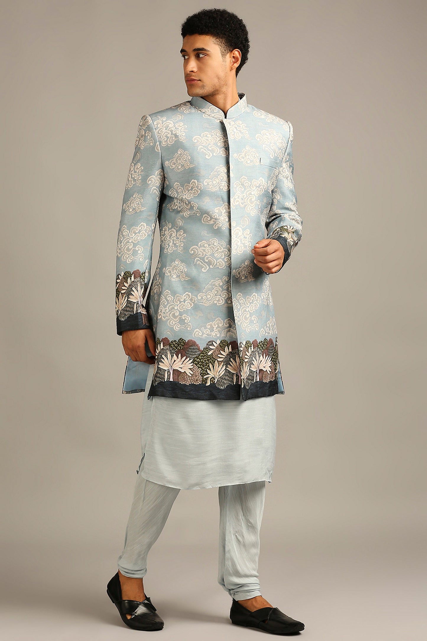 Cloud printed longline jacket with kurta set