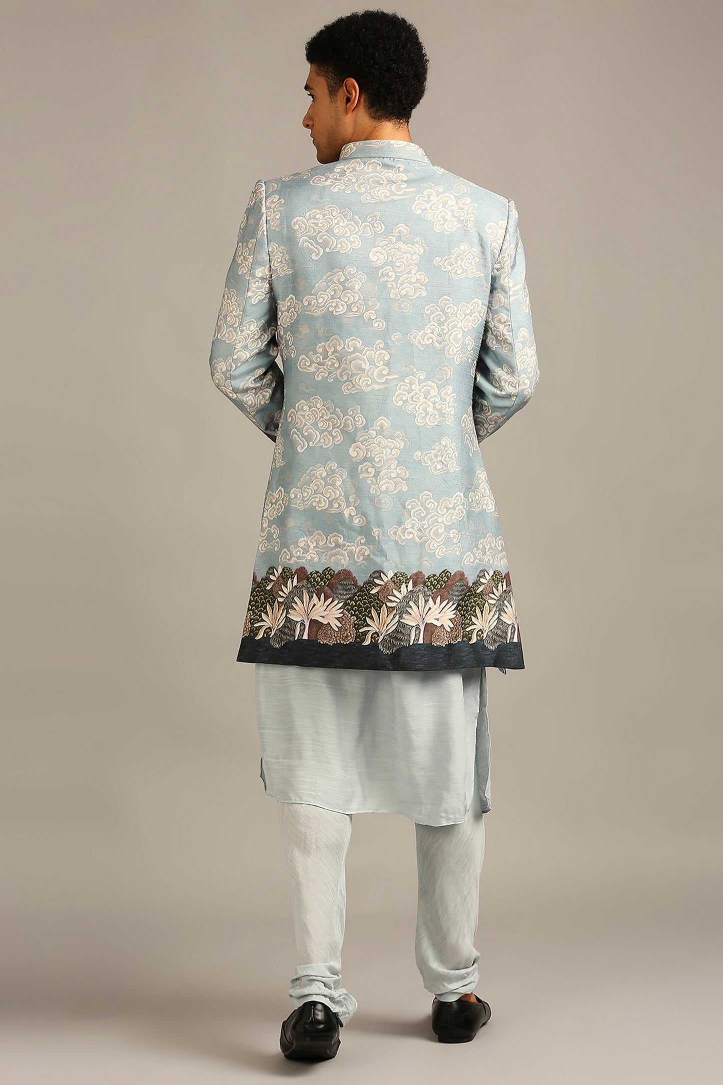Cloud printed longline jacket with kurta set